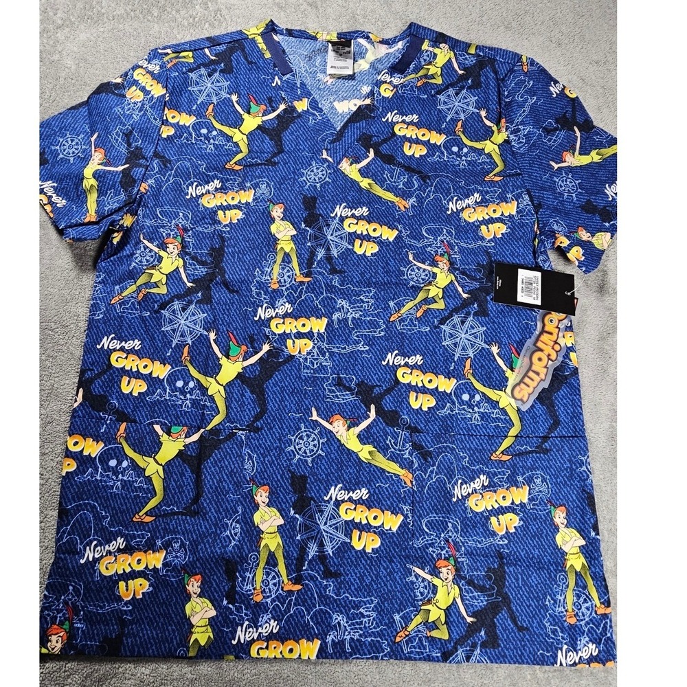 Cherokee‎ Tooniforms Disney Peter Pan Never Grow Up Scrub Top Blue